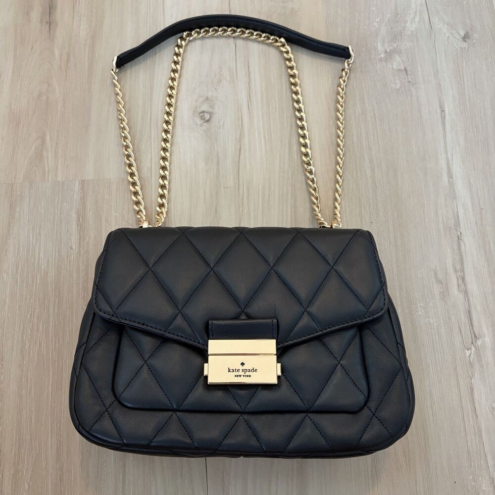 Kate Spade New York Black Carey Smooth Quilted Flap Bag Gold Chain Push Lock NWT